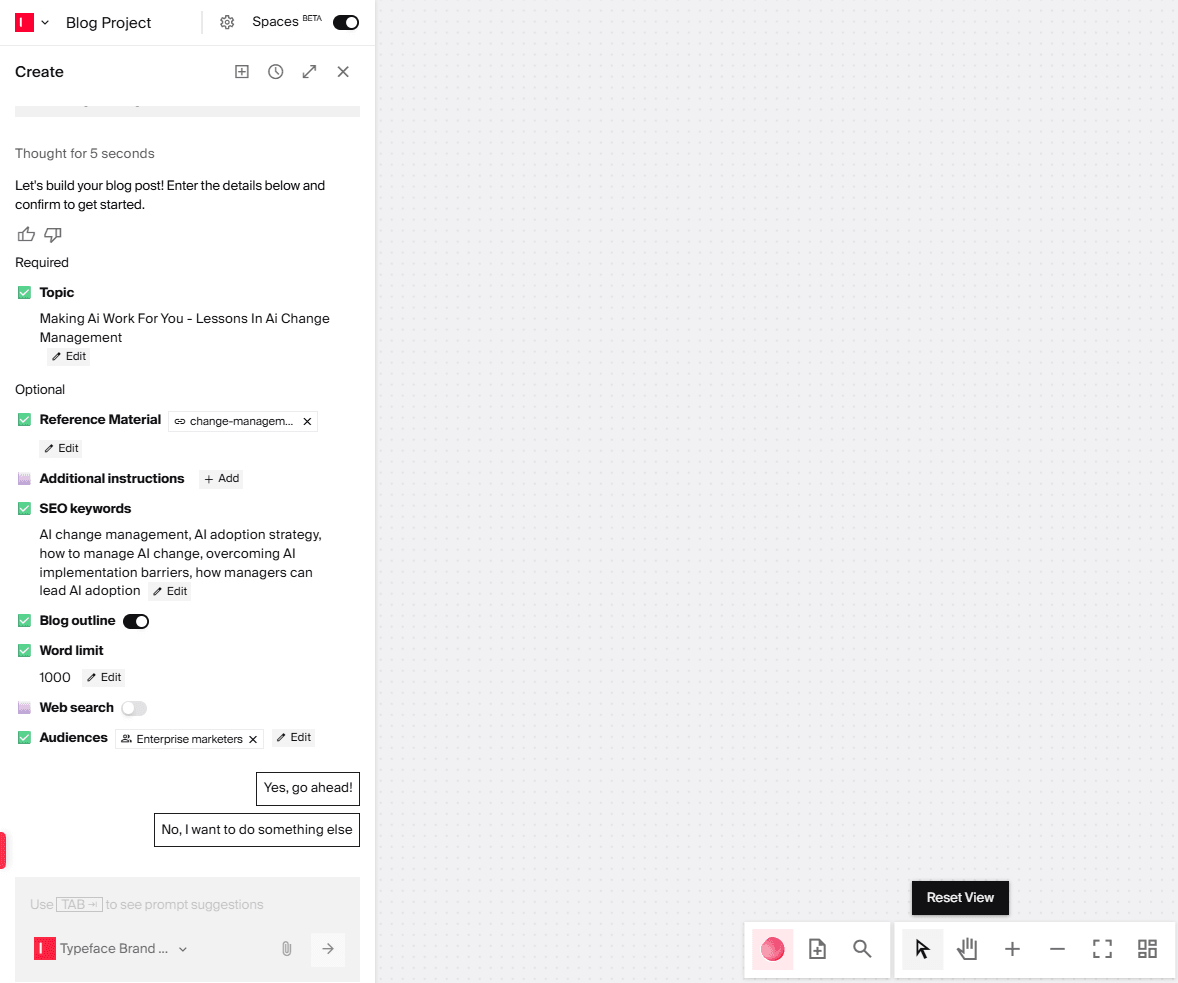 Add blog details - AI blog generation in Typeface AI