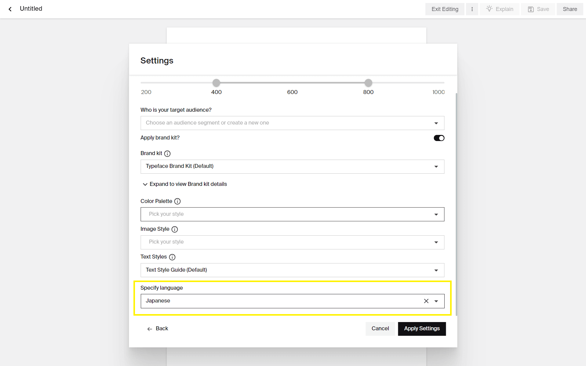 Language settings for localized content generation on Typeface