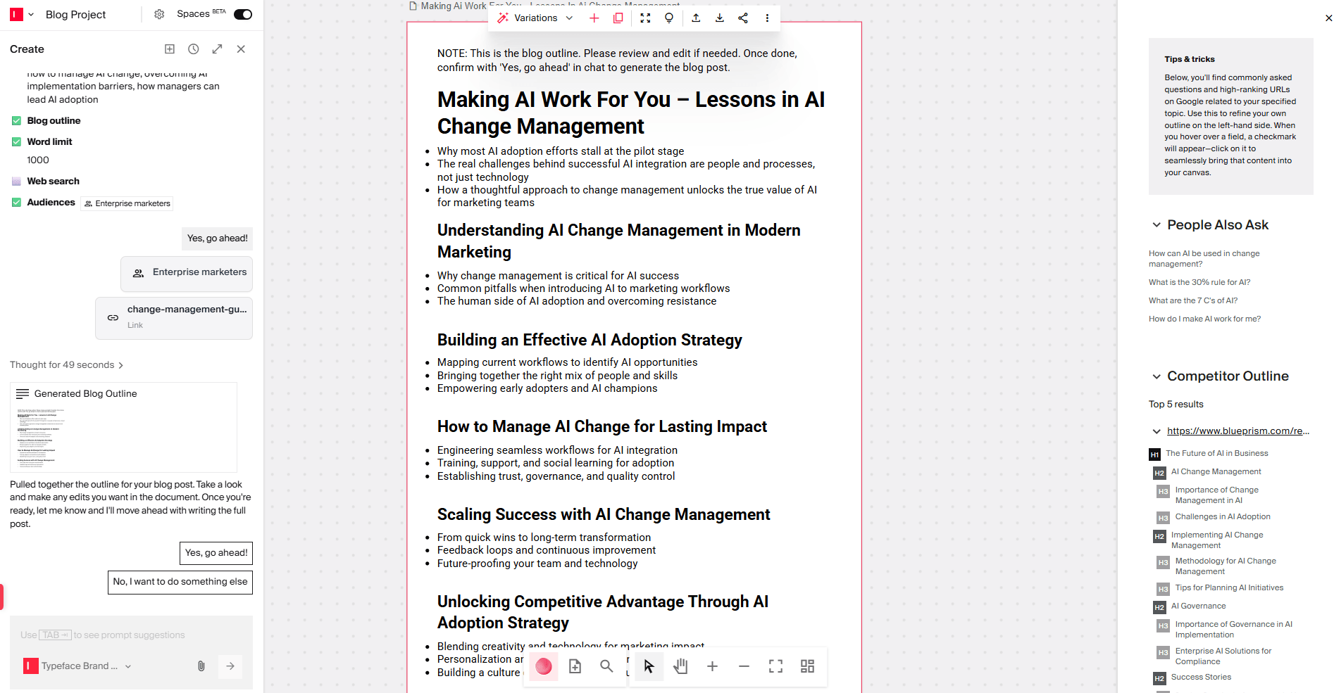 Generate and refine blog outline in Typeface AI